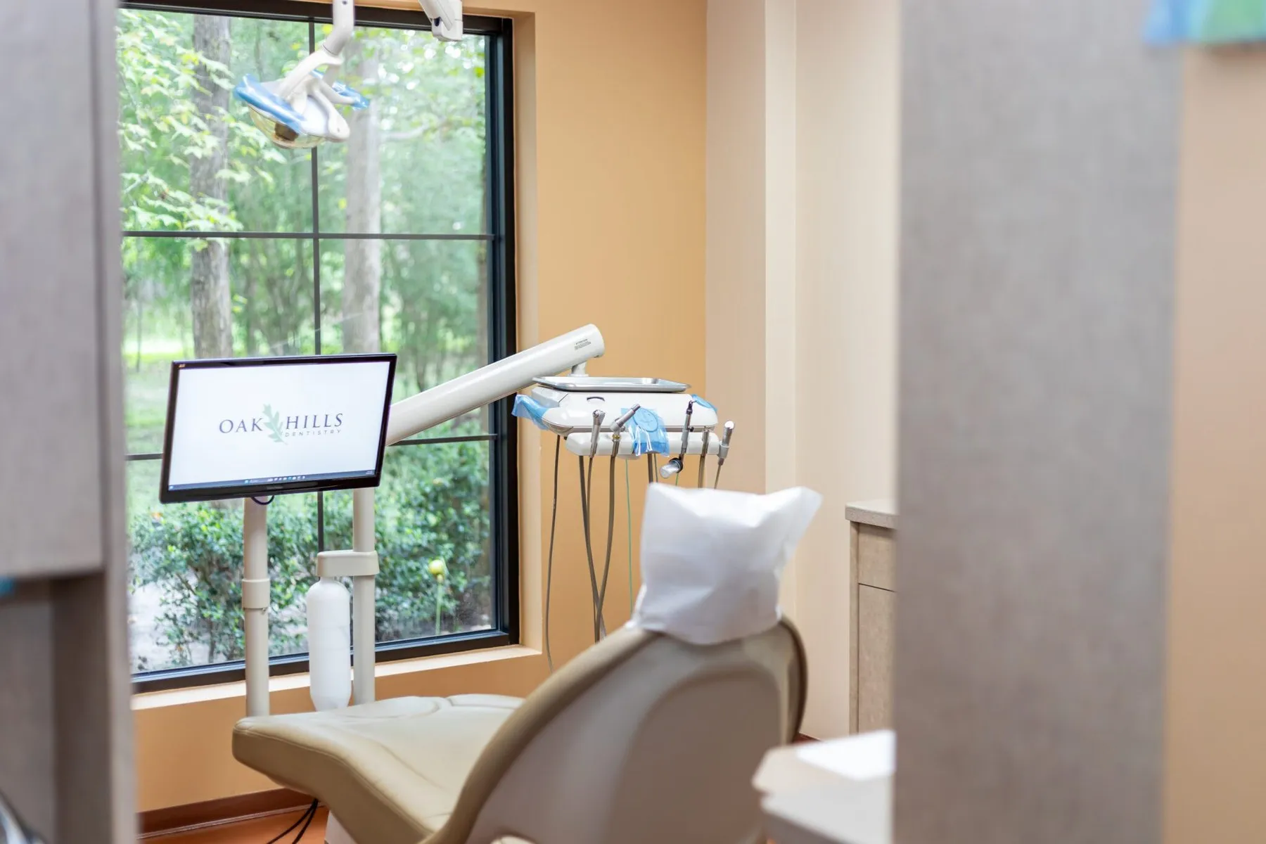 A dental chair and monitor beside a wide window filled with green trees