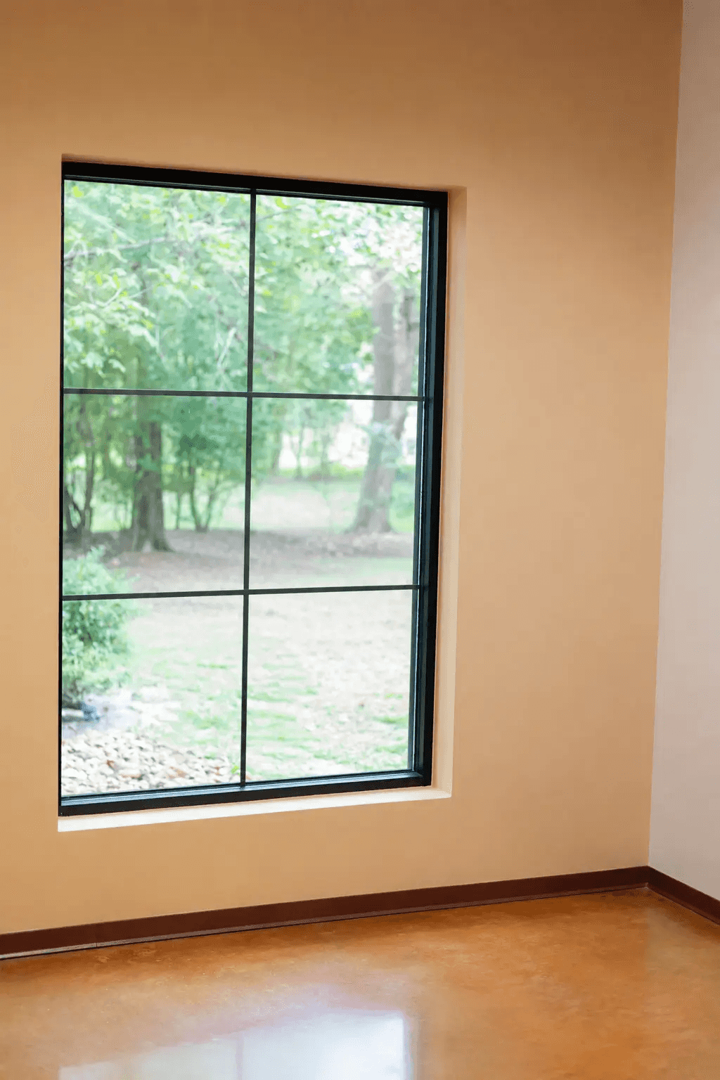 A treatment room window at Oak Hills Dentistry looking onto trees and lawn